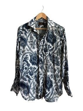Etro Vintage Men's Linen Paisley Button Down Shirt Blue White 39 Italy